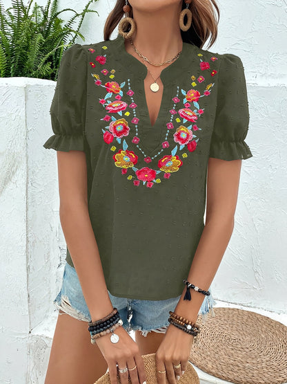 Floral Embroidered Swiss Dots Puff Sleeves Blouse