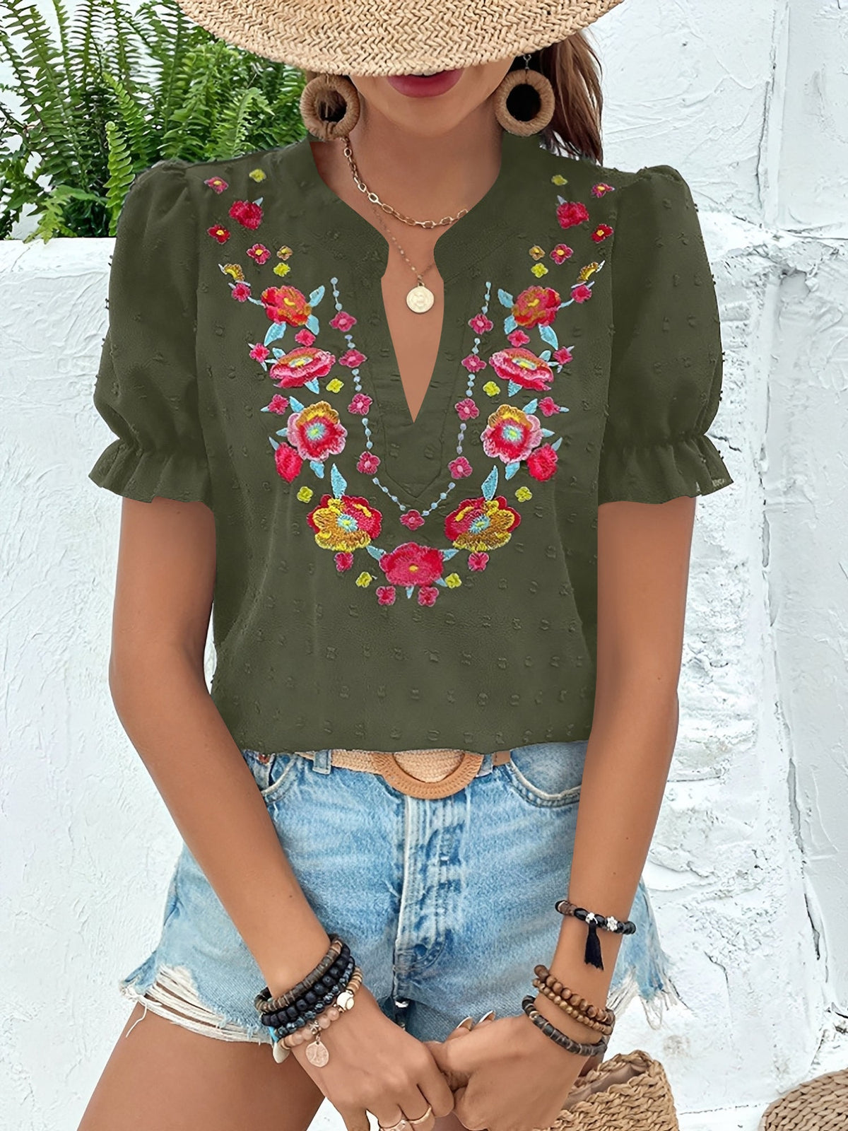 Floral Embroidered Swiss Dots Puff Sleeves Blouse