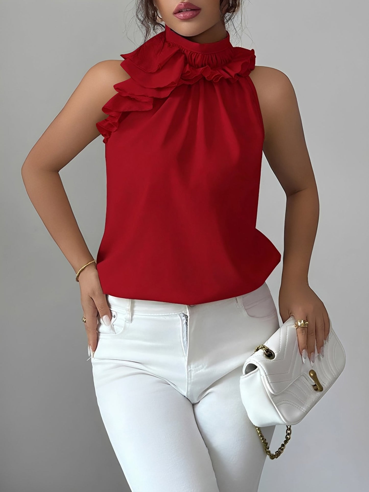 Ruffled Mock Neck Sleeveless Solid Color Blouse