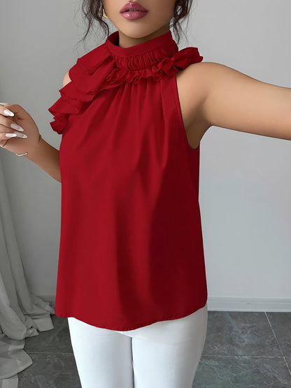 Ruffled Mock Neck Sleeveless Solid Color Blouse