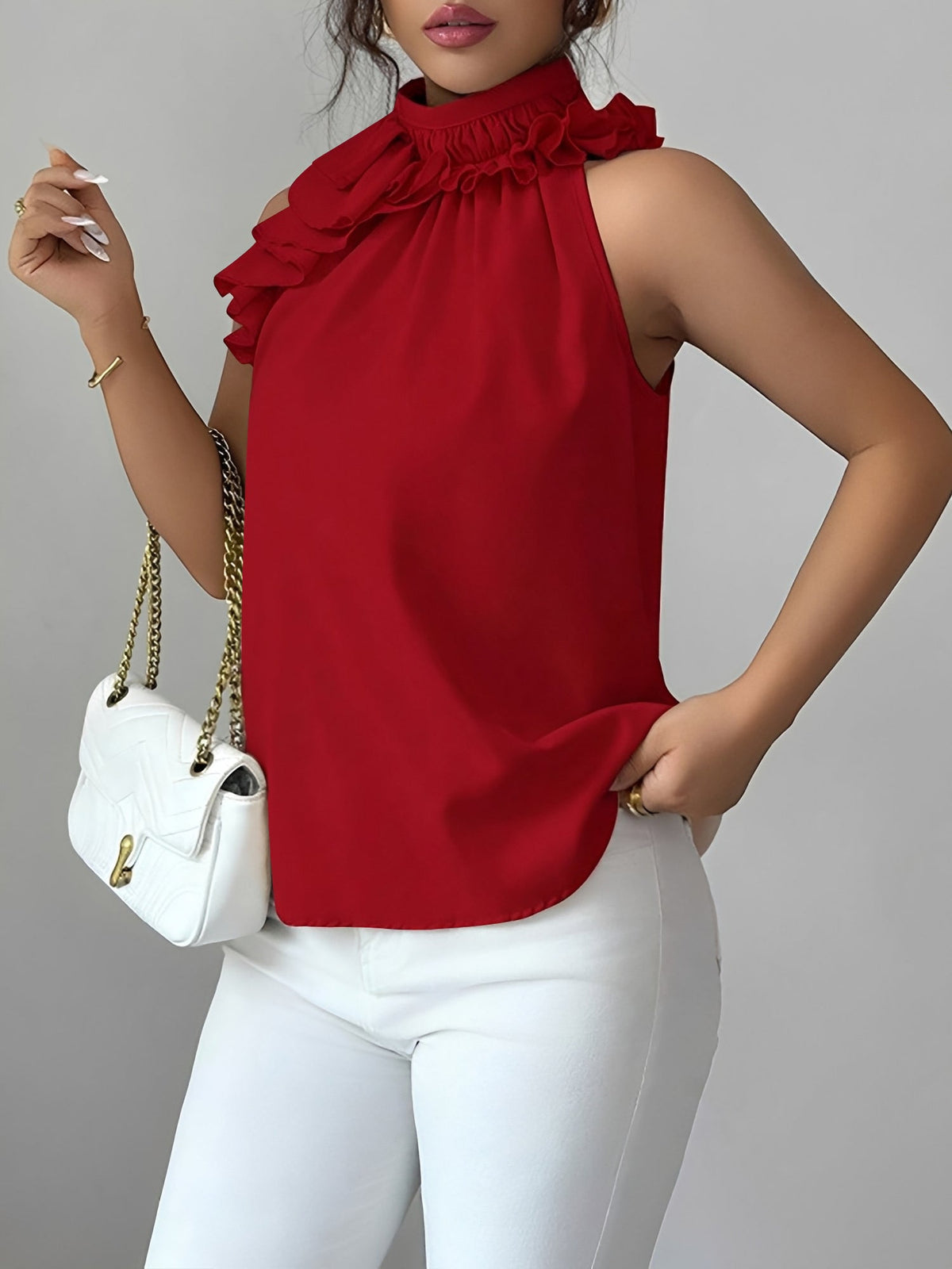 Ruffled Mock Neck Sleeveless Solid Color Blouse