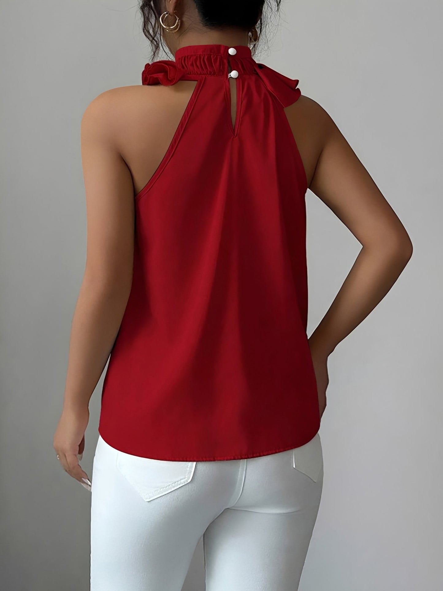 Ruffled Mock Neck Sleeveless Solid Color Blouse