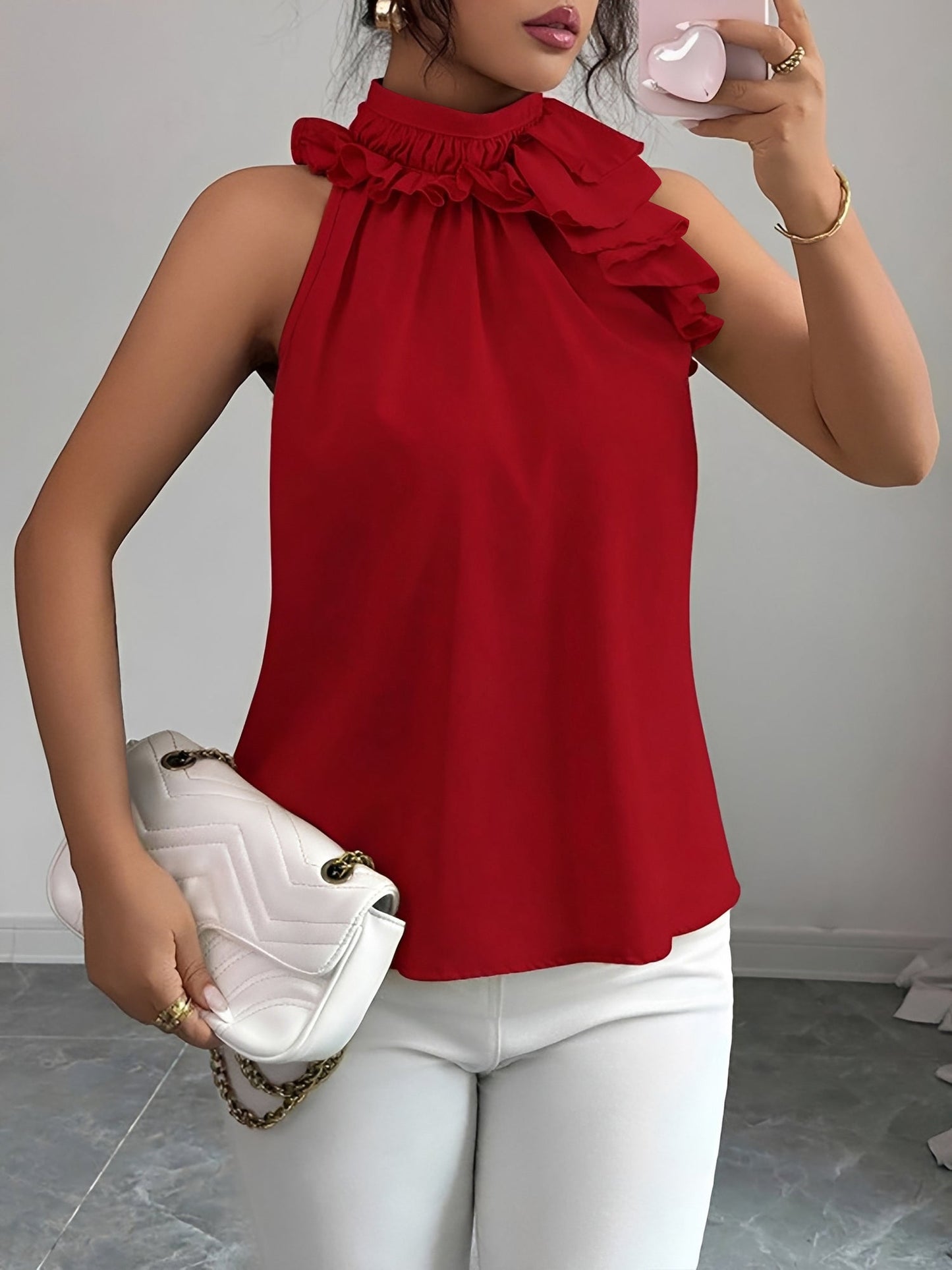 Ruffled Mock Neck Sleeveless Solid Color Blouse