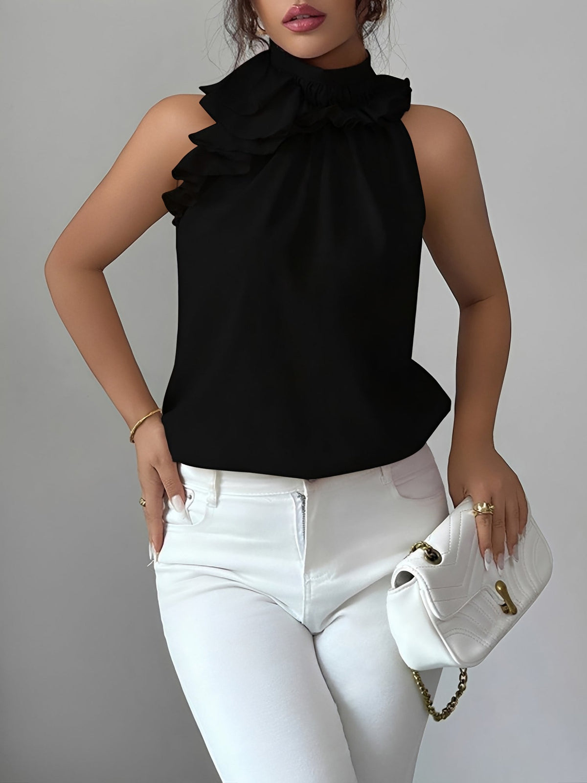 Ruffled Mock Neck Sleeveless Solid Color Blouse