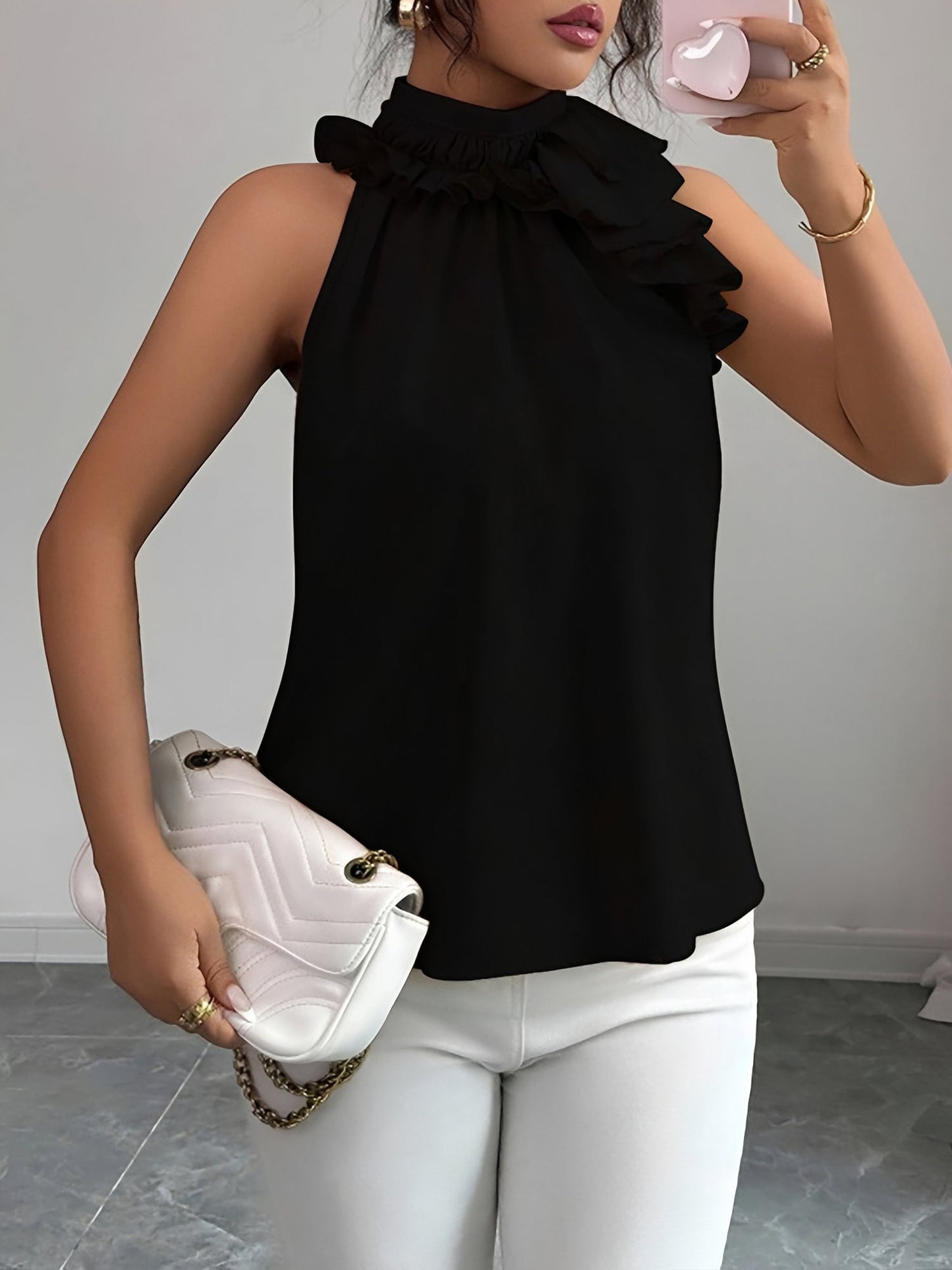 Ruffled Mock Neck Sleeveless Solid Color Blouse