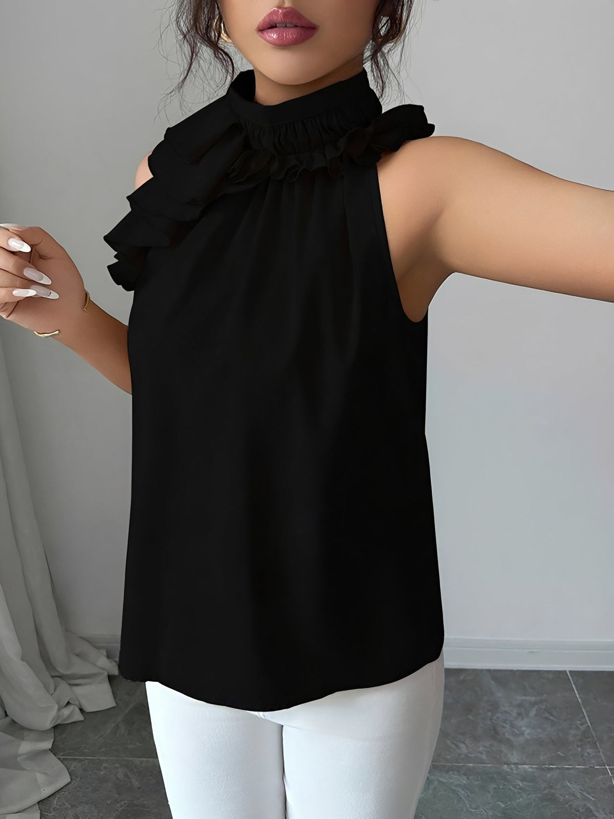 Ruffled Mock Neck Sleeveless Solid Color Blouse