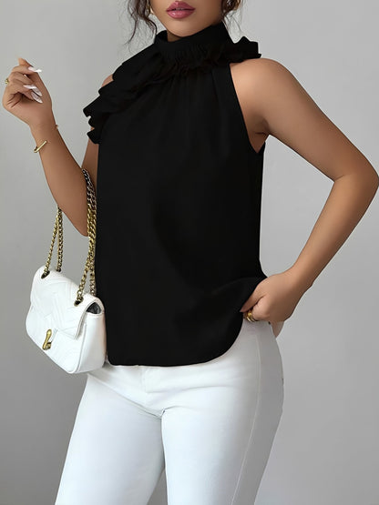 Ruffled Mock Neck Sleeveless Solid Color Blouse