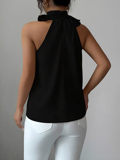Ruffled Mock Neck Sleeveless Solid Color Blouse