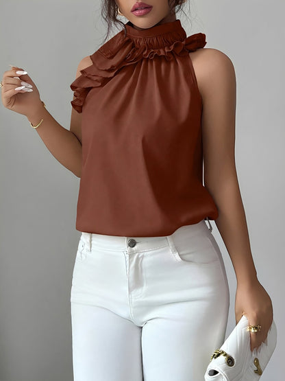 Ruffled Mock Neck Sleeveless Solid Color Blouse