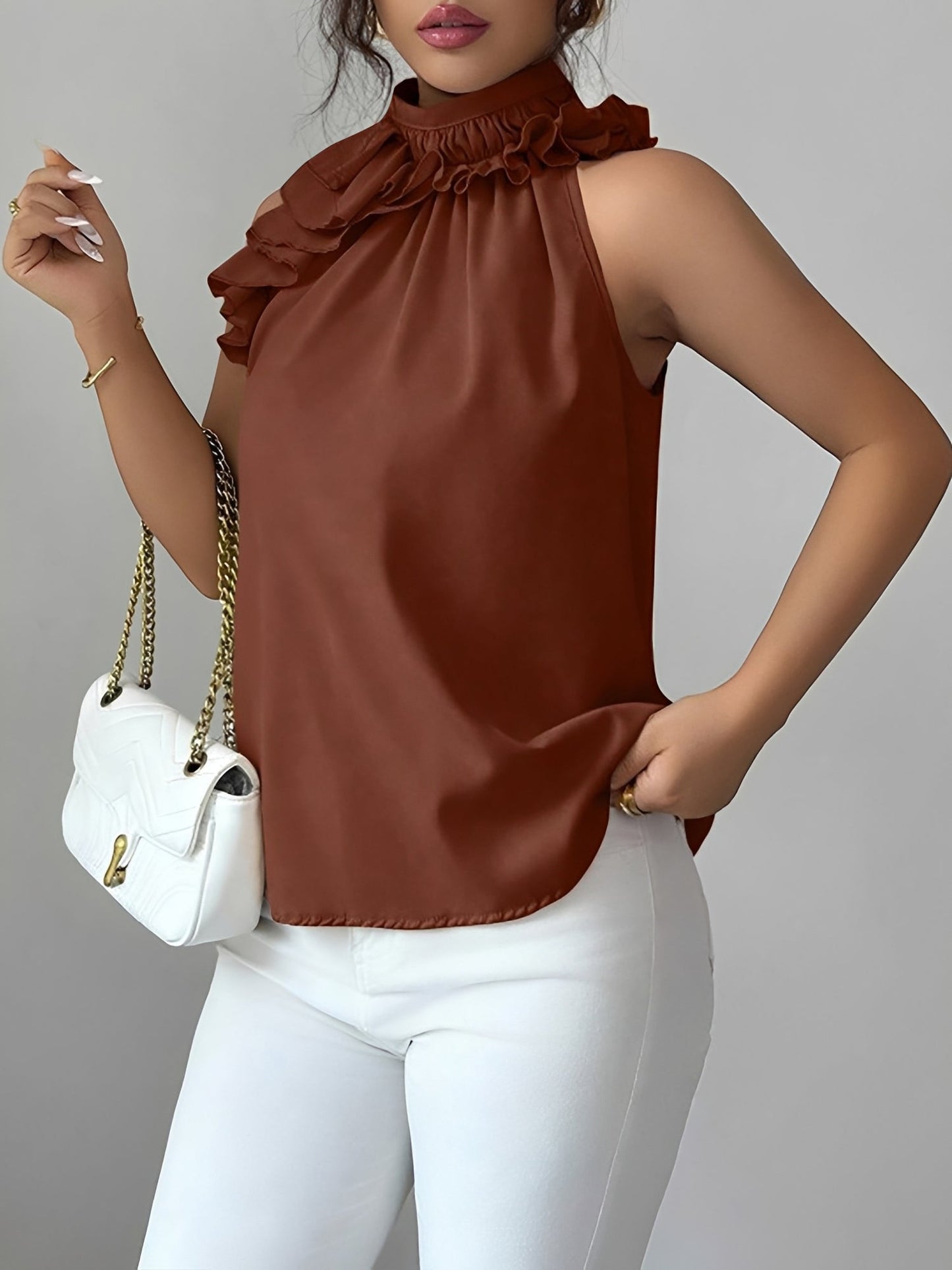 Ruffled Mock Neck Sleeveless Solid Color Blouse