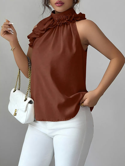 Ruffled Mock Neck Sleeveless Solid Color Blouse