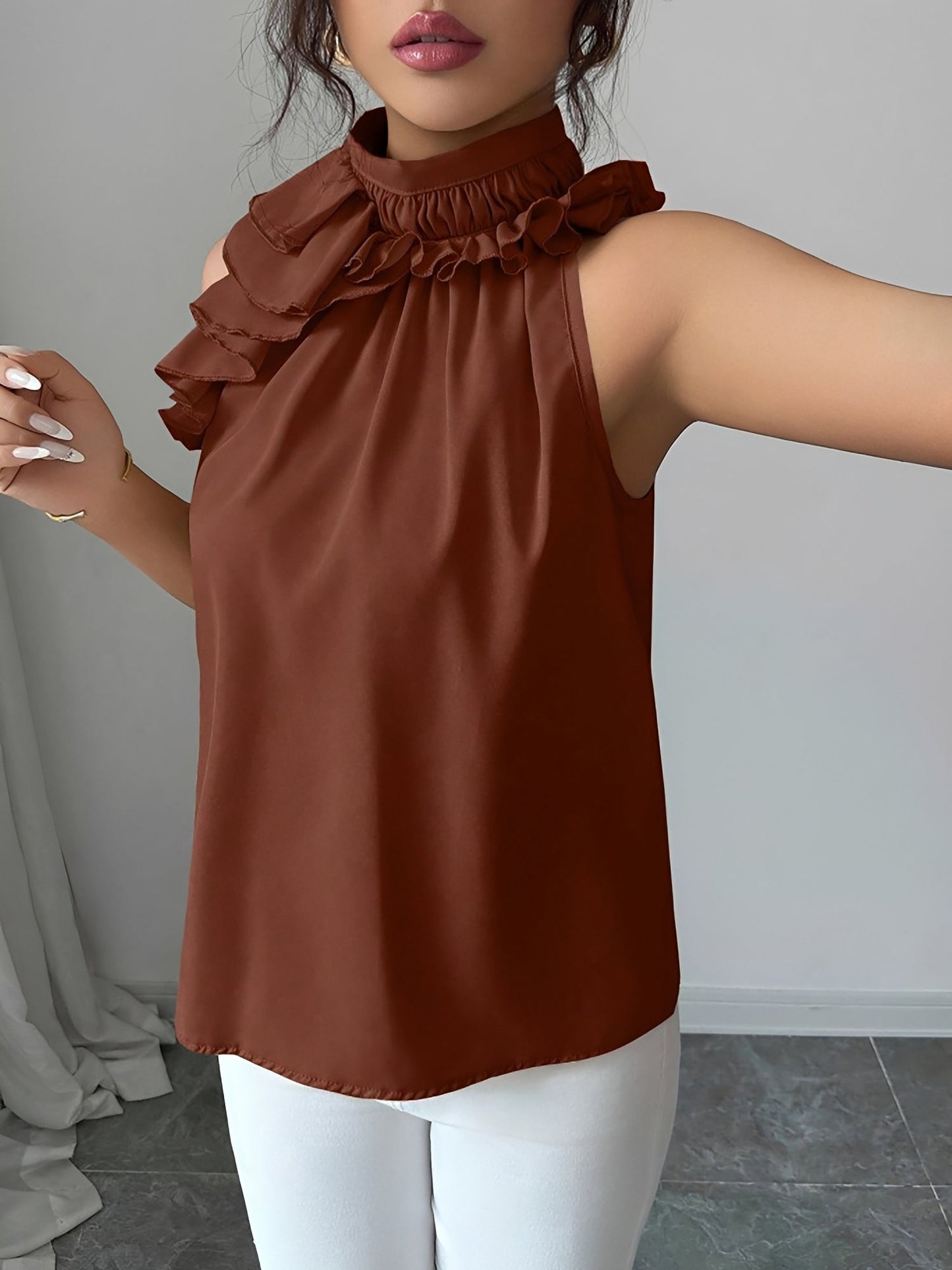 Ruffled Mock Neck Sleeveless Solid Color Blouse