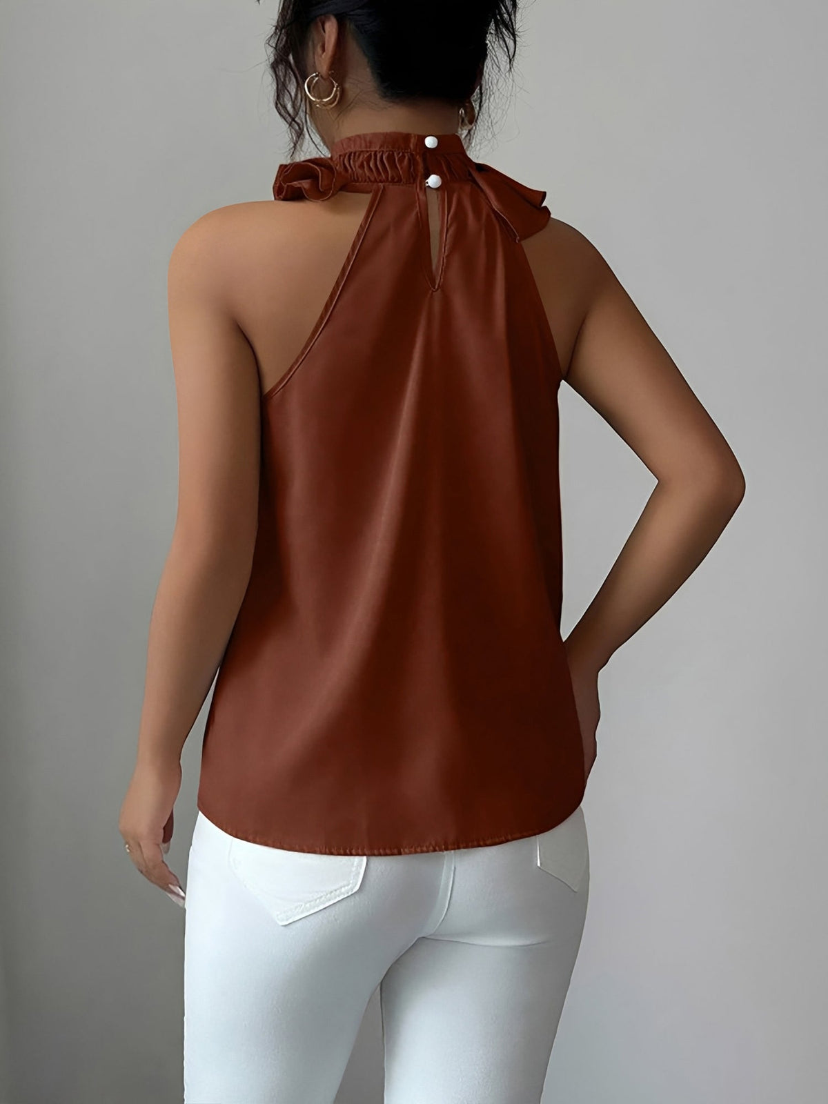 Ruffled Mock Neck Sleeveless Solid Color Blouse