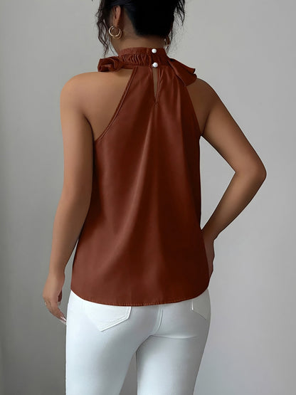 Ruffled Mock Neck Sleeveless Solid Color Blouse