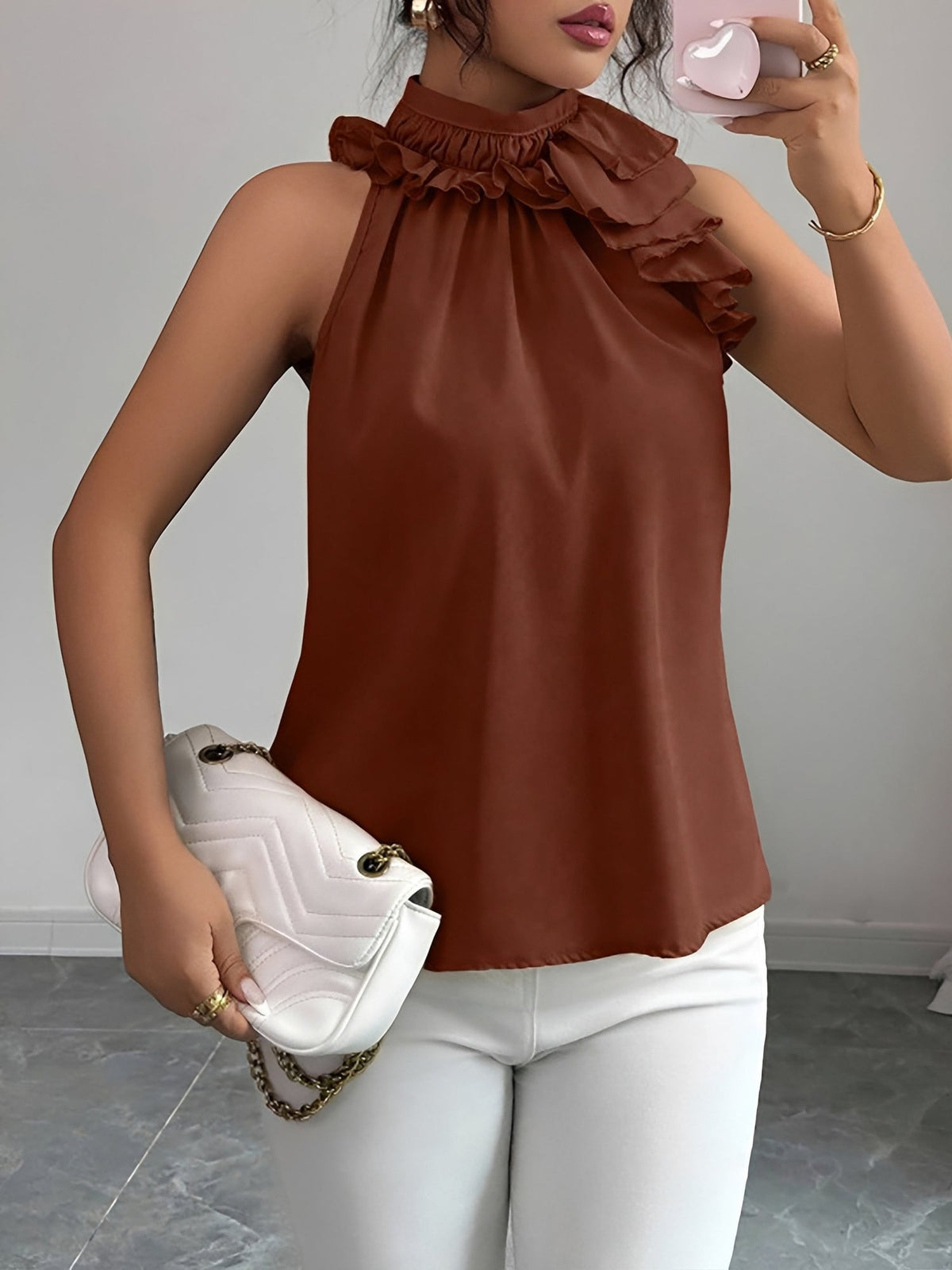 Ruffled Mock Neck Sleeveless Solid Color Blouse
