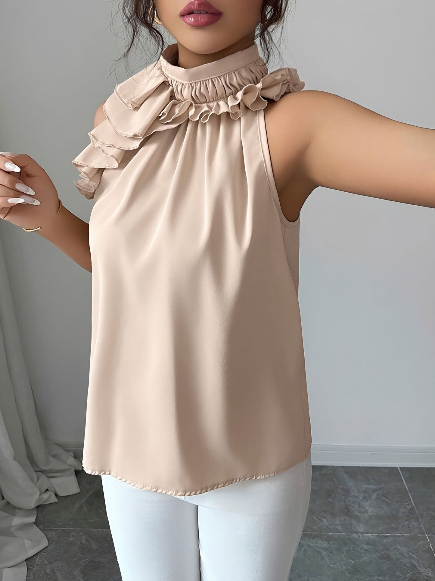 Ruffled Mock Neck Sleeveless Solid Color Blouse