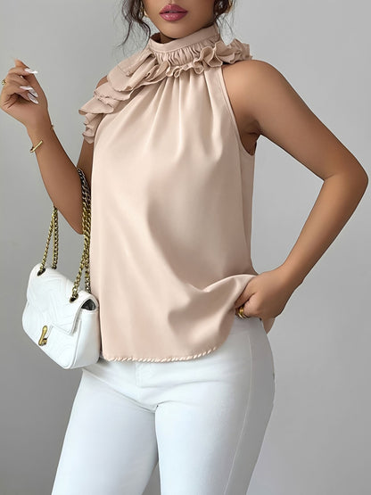 Ruffled Mock Neck Sleeveless Solid Color Blouse