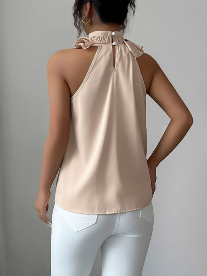 Ruffled Mock Neck Sleeveless Solid Color Blouse
