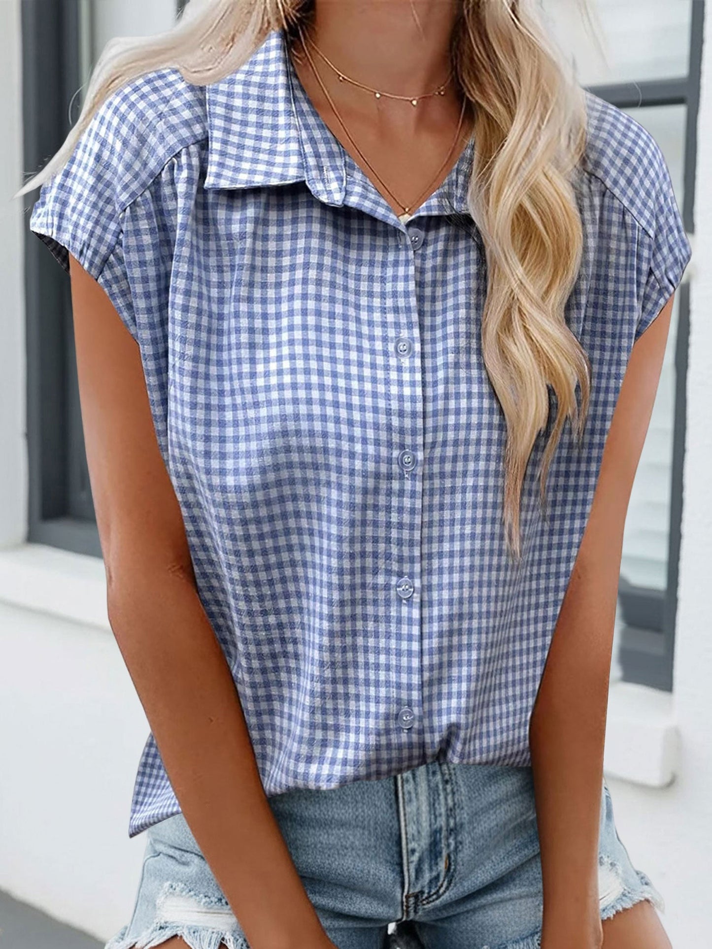 Gingham Button Down Cap Sleeve Blouse
