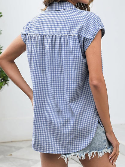 Gingham Button Down Cap Sleeve Blouse