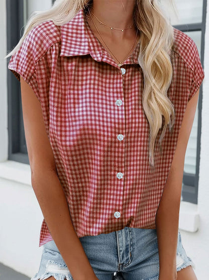 Gingham Button Down Cap Sleeve Blouse