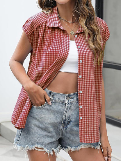 Gingham Button Down Cap Sleeve Blouse