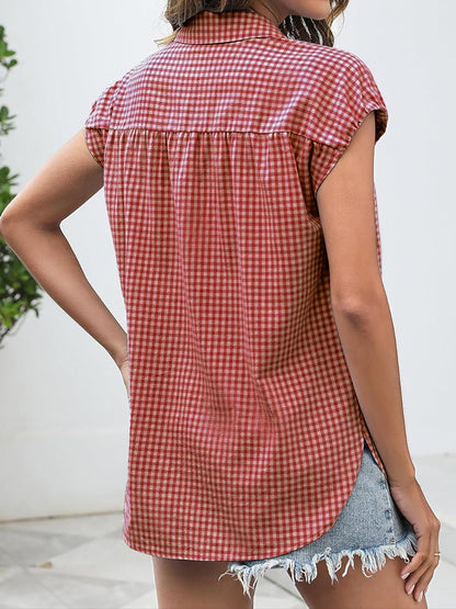 Gingham Button Down Cap Sleeve Blouse