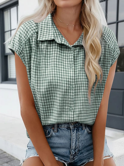 Gingham Button Down Cap Sleeve Blouse
