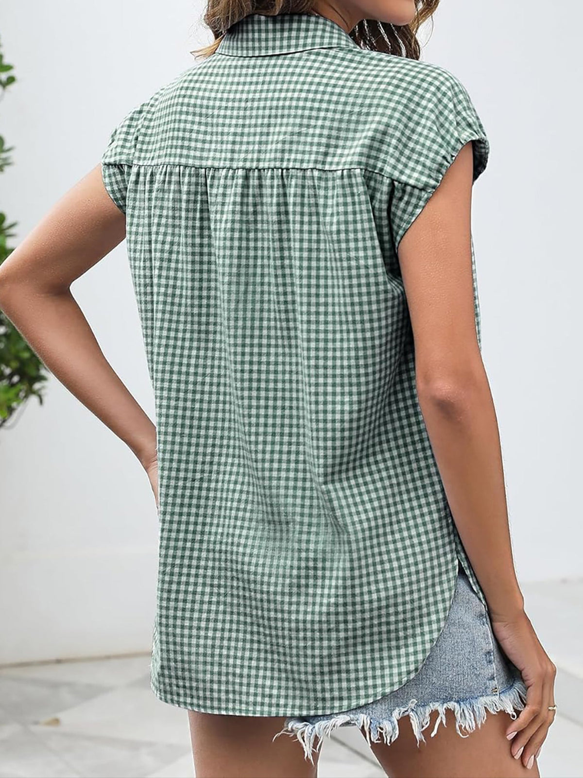Gingham Button Down Cap Sleeve Blouse