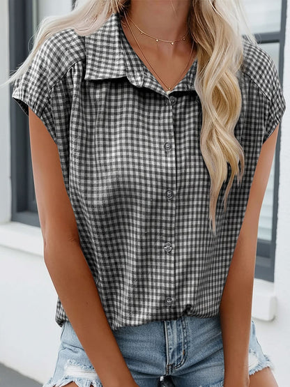 Gingham Button Down Cap Sleeve Blouse