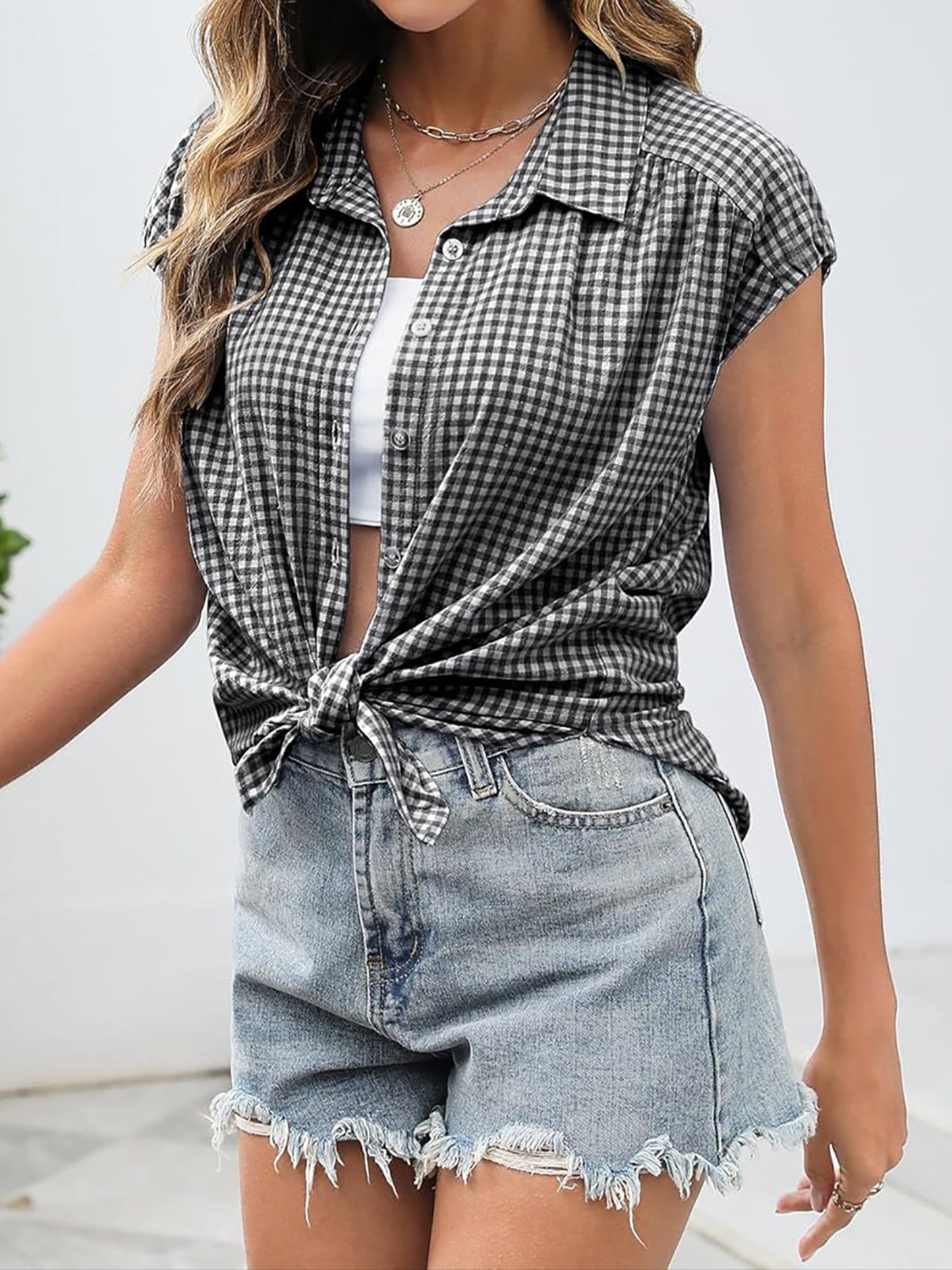 Gingham Button Down Cap Sleeve Blouse