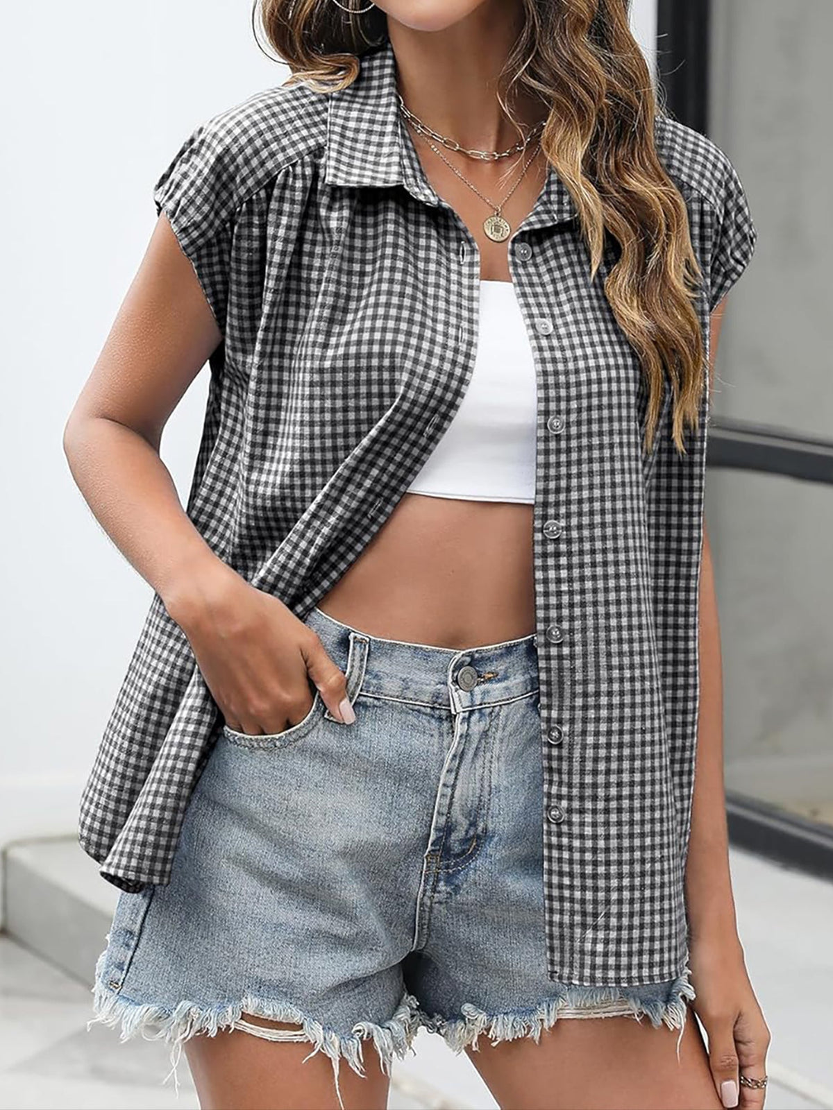 Gingham Button Down Cap Sleeve Blouse