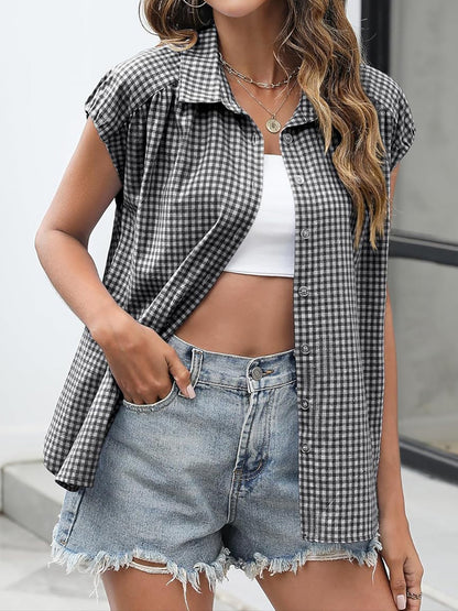 Gingham Button Down Cap Sleeve Blouse