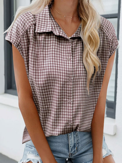 Gingham Button Down Cap Sleeve Blouse