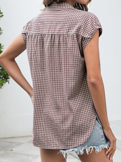 Gingham Button Down Cap Sleeve Blouse