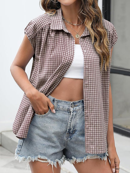 Gingham Button Down Cap Sleeve Blouse