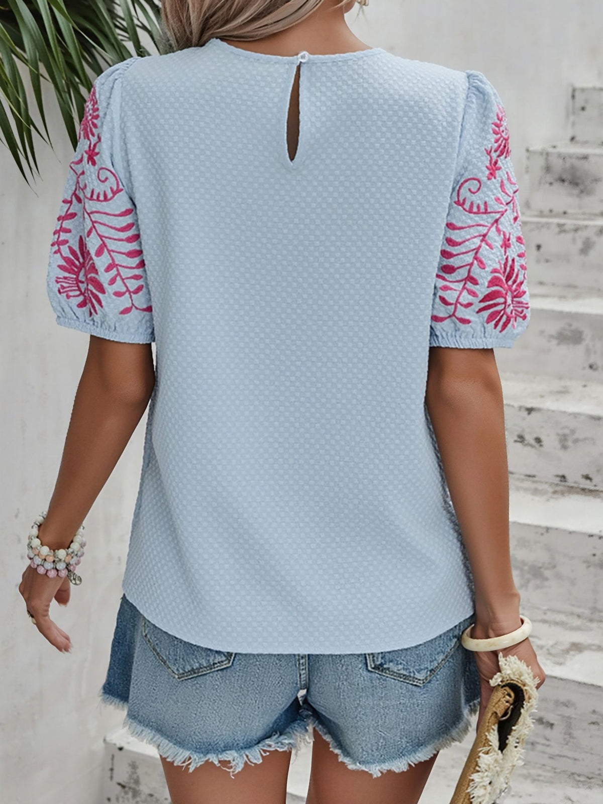 Floral Embroidered Round Neck Puff Short Sleeve Blouse