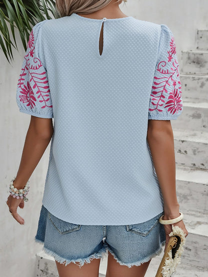 Floral Embroidered Round Neck Puff Short Sleeve Blouse