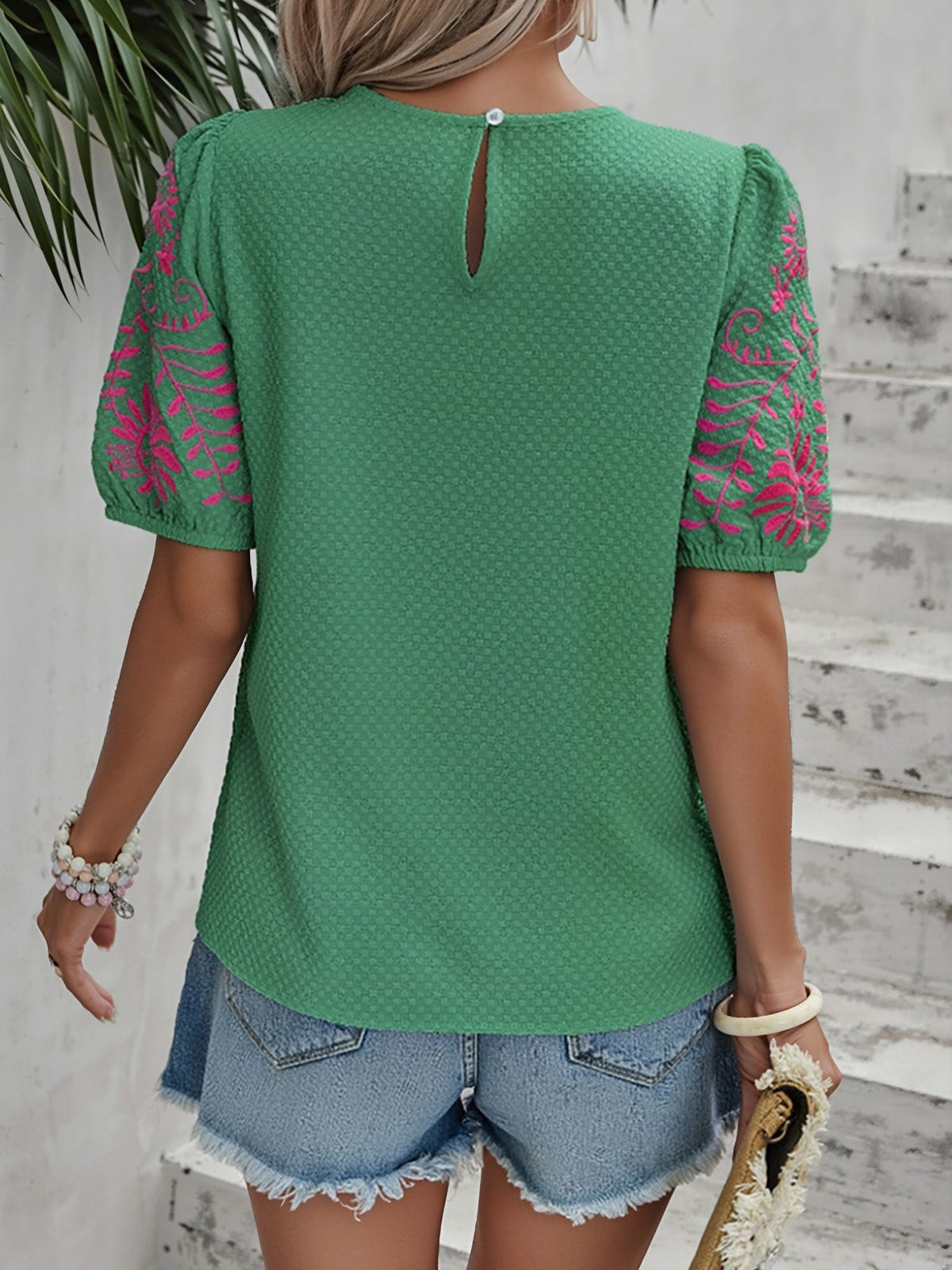 Floral Embroidered Round Neck Puff Short Sleeve Blouse