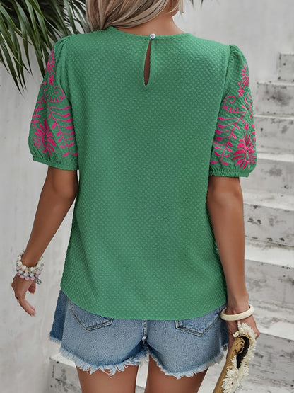 Floral Embroidered Round Neck Puff Short Sleeve Blouse