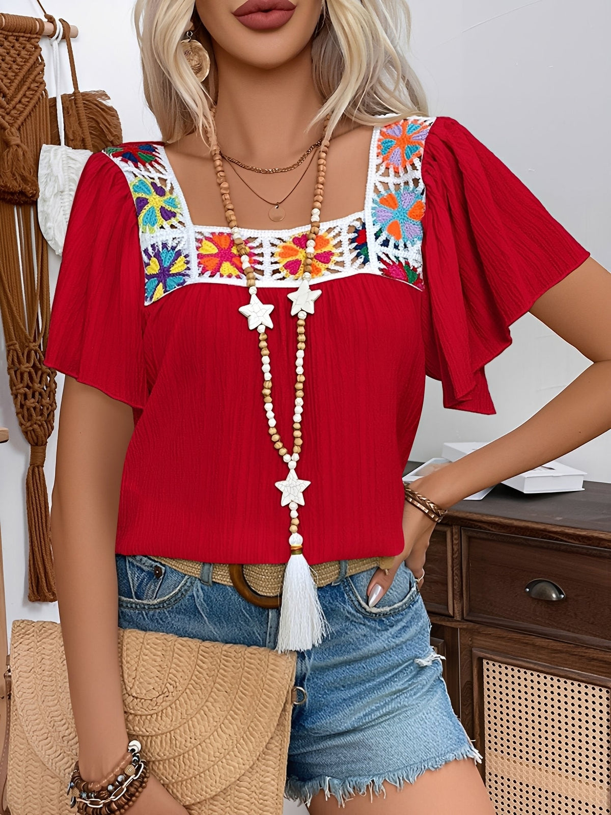 Square Neck Crochet Floral Short Sleeve Blouse