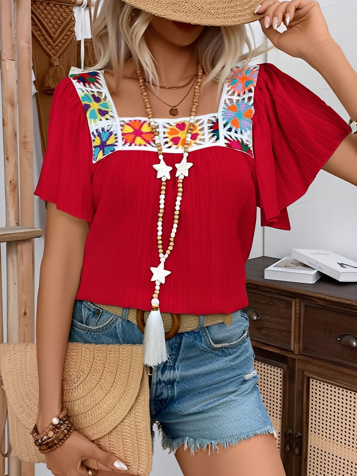 Square Neck Crochet Floral Short Sleeve Blouse