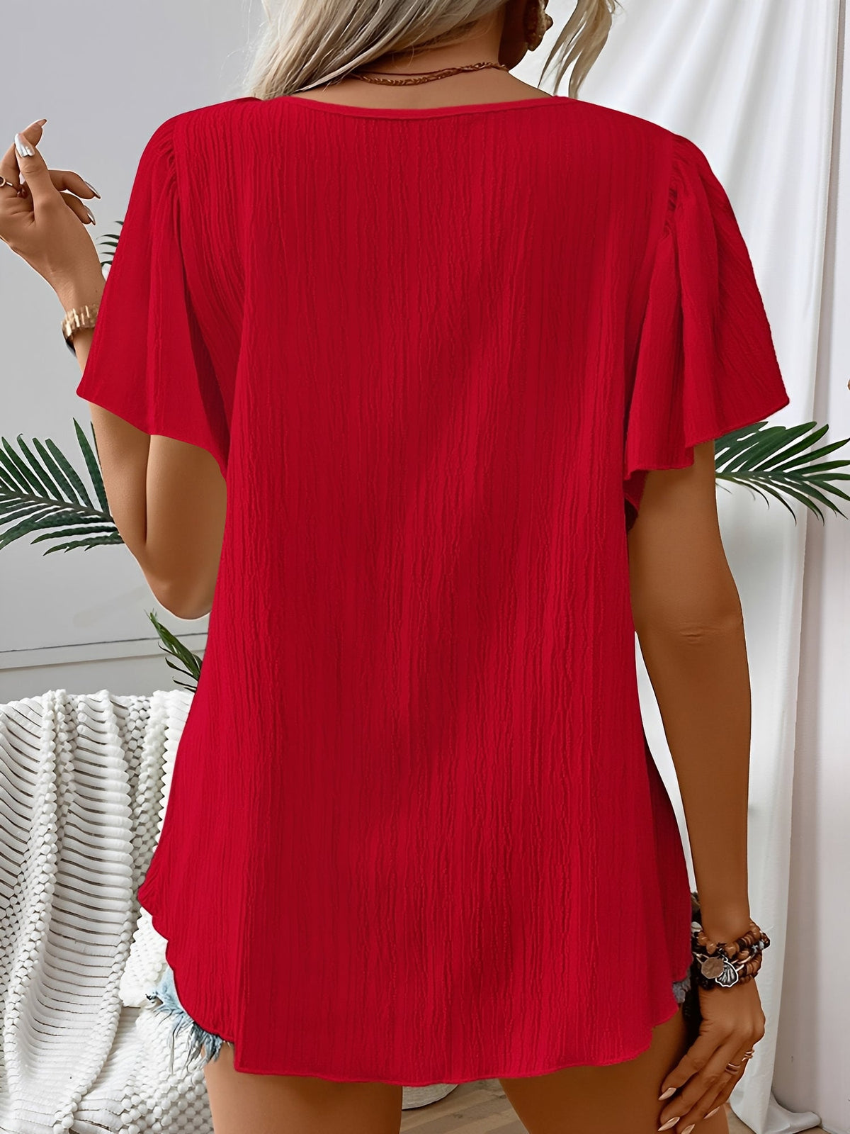 Square Neck Crochet Floral Short Sleeve Blouse