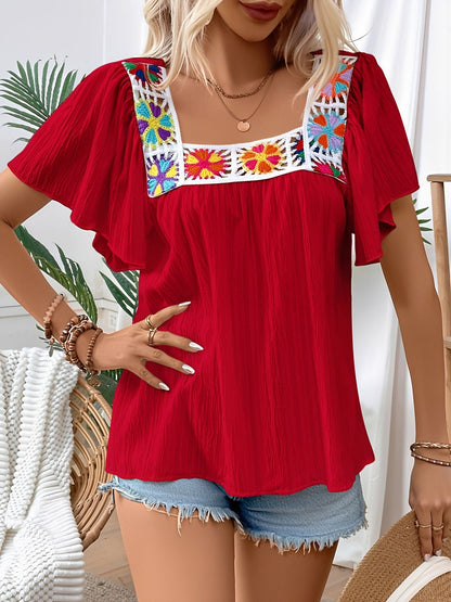 Square Neck Crochet Floral Short Sleeve Blouse