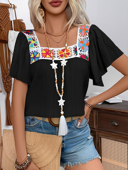 Square Neck Crochet Floral Short Sleeve Blouse