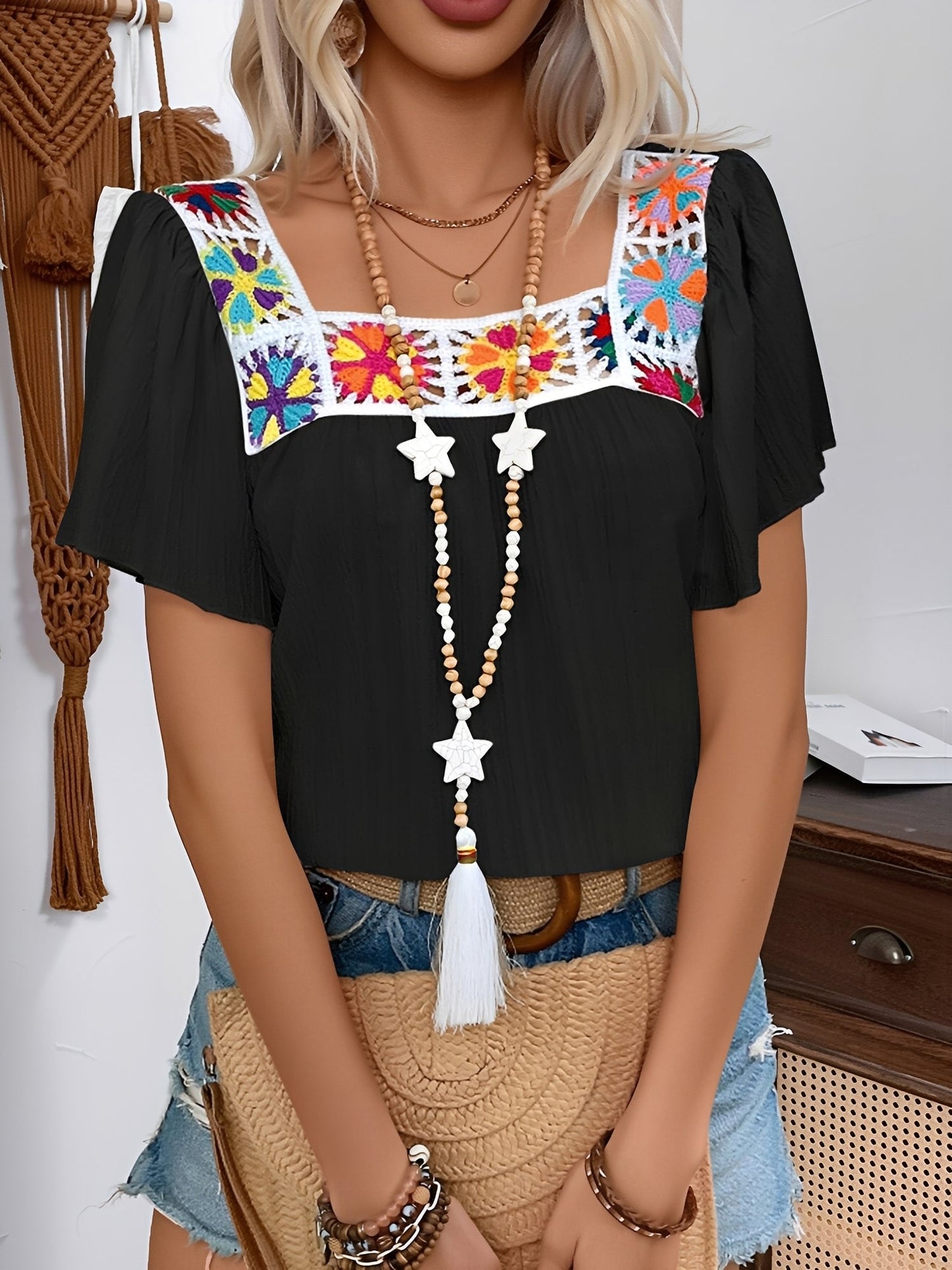 Square Neck Crochet Floral Short Sleeve Blouse