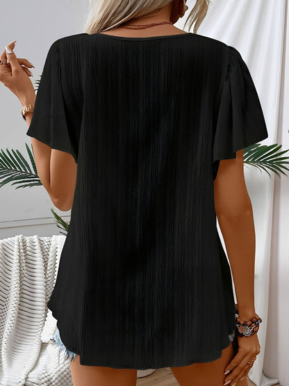 Square Neck Crochet Floral Short Sleeve Blouse