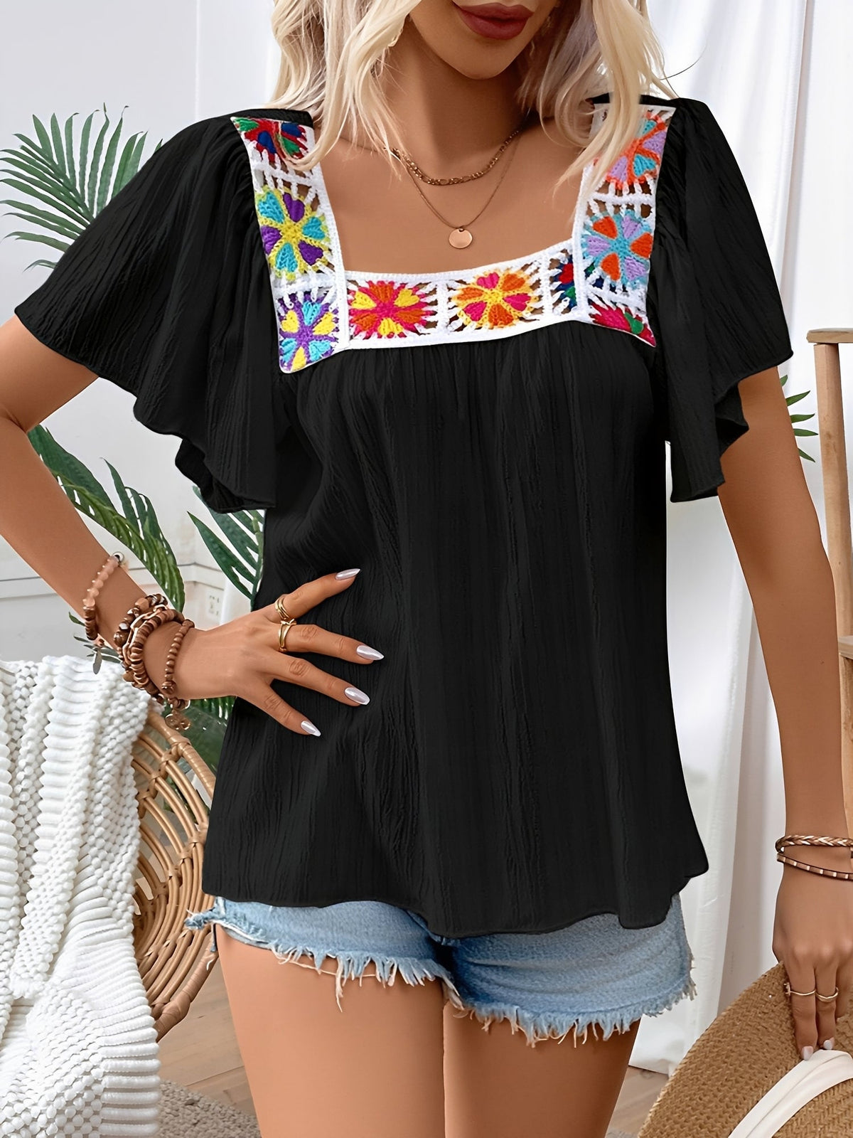 Square Neck Crochet Floral Short Sleeve Blouse
