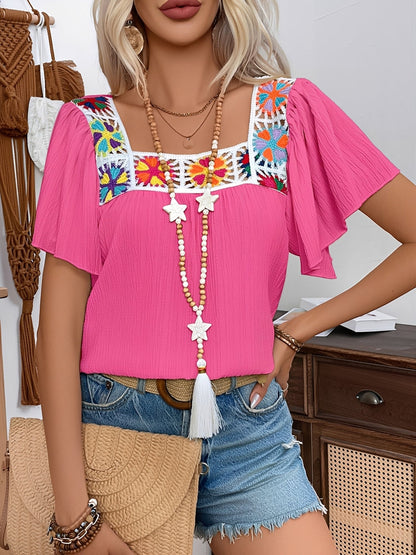 Square Neck Crochet Floral Short Sleeve Blouse