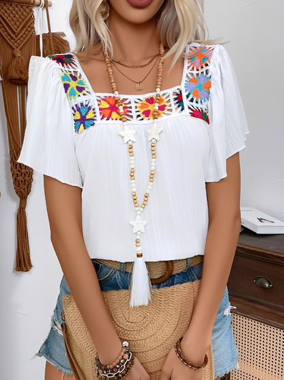 Square Neck Crochet Floral Short Sleeve Blouse